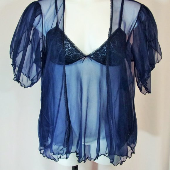 Mayela Navy Blue Sexy Sexy See Thru Short Robe Nightgown Set Size M NWOT - Picture 1 of 6